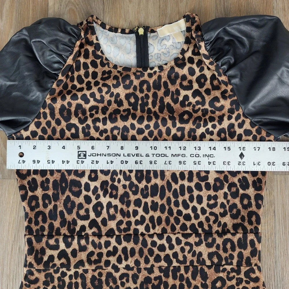 MICHAEL KORS Leopard Print Faux Leather Sleeve Fit‎ Flare Dress Women's Medium